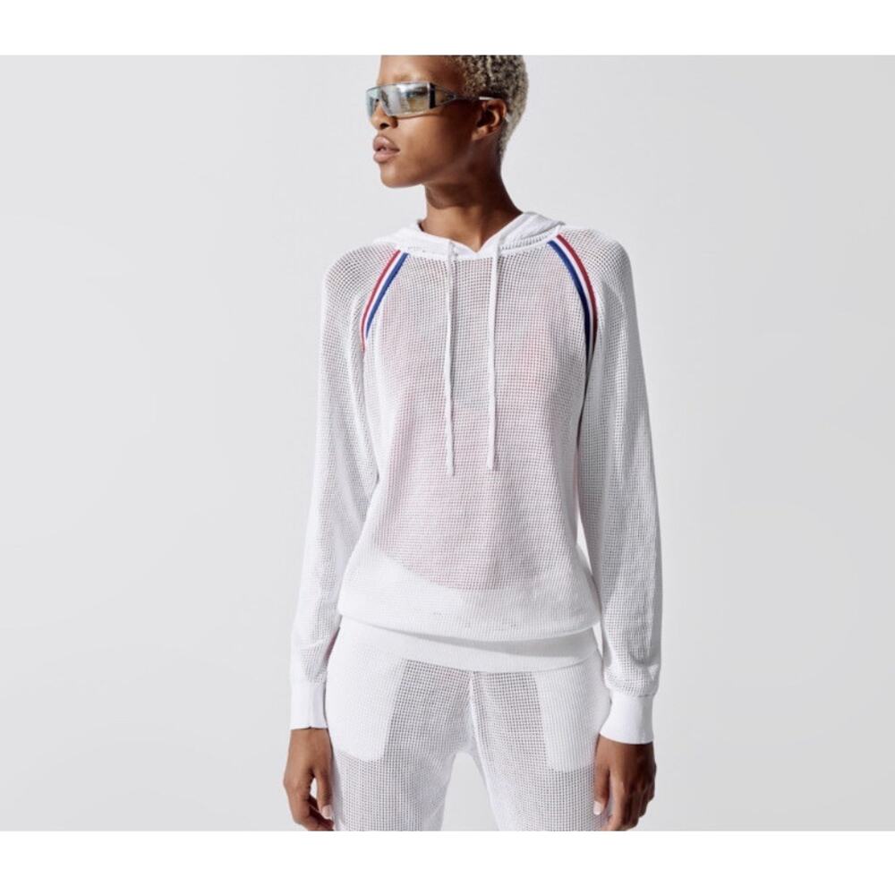 Adam Selman Sport Unisex S White‎ Mesh Hoodie Blue Red Stripe Accents